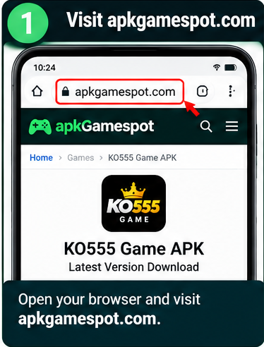 KO555 Game APK installation step 1 showing apkgamespot.com website on an Android phone