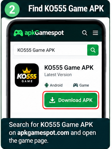 KO555 Game APK installation step 2 showing how to find KO555 Game APK on apkGamespot