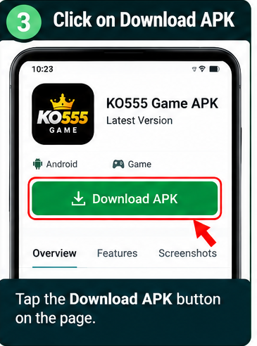 KO555 Game APK installation step 3 showing the Download APK button on the apkgamespot website