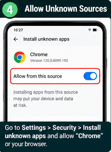 KO555 Game APK installation step 4 showing Android settings to allow installation from unknown sources