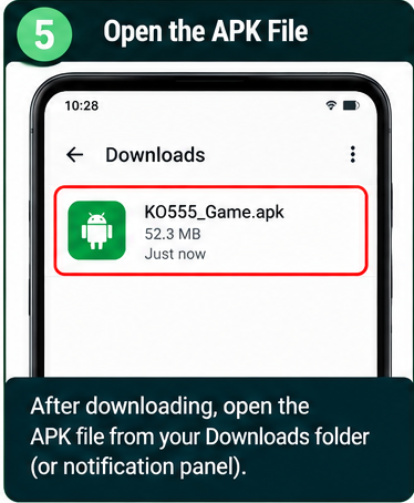 KO555 Game APK installation step 5 showing the downloaded KO555 APK file in the Android Downloads folder