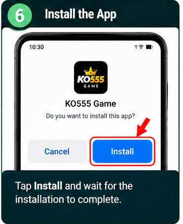 KO555 Game APK installation step 6 showing the Android installation screen with the Install button