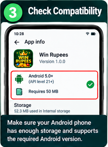 Android app compatibility check showing required version and storage