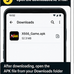 X666 Game APK step 5 showing the downloaded APK file in the Downloads folder