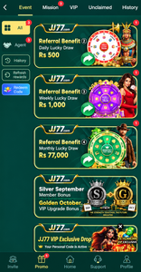 JJ777 app referral bonus and lucky draw screen